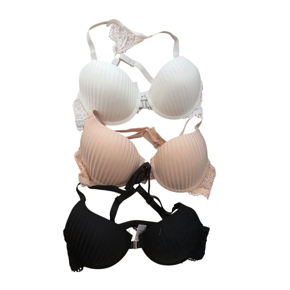 3pcs Elegant Lace Front Closure Push Up Bra Set White Black & Nude Size 38D NWT - Picture 2 of 4